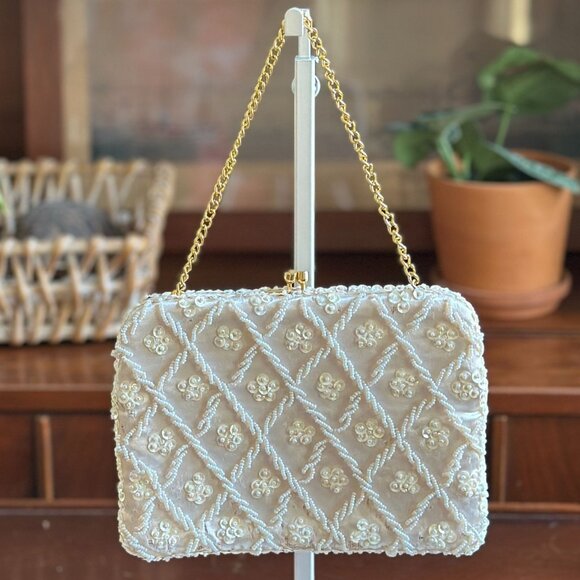 Vintage Cream Convertible Clutch Evening Bag With Sequins & Beads Hand Made - Picture 4 of 11